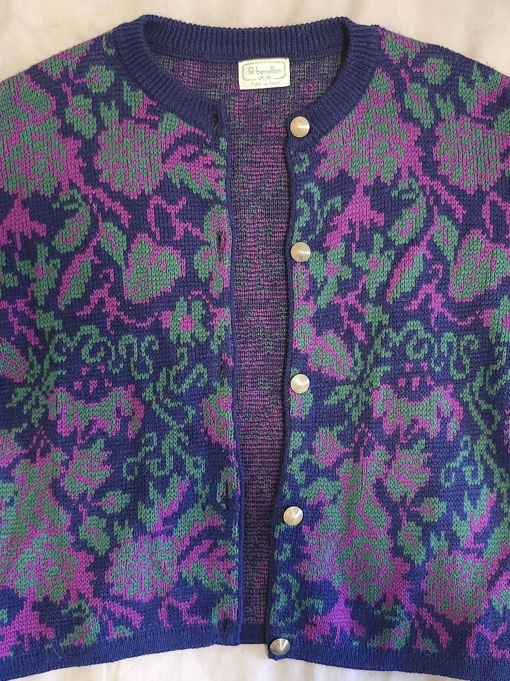 Benetton Purple Floral Knit Button Cardigan Sweater